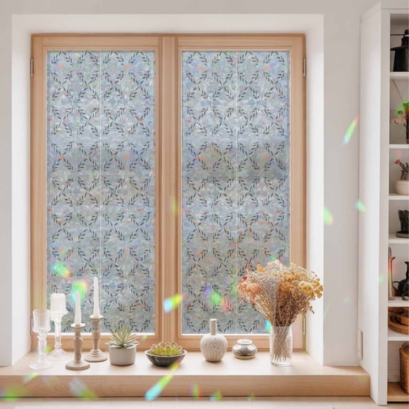 Privacy Window Film, Grey Morocco Static Cling Stained Glass Window Film, UV Sun Blocking Heat Control Stickers, Non-Adhesive Laser Windows Tint 23.6"x59" Abstract Geometric Leaf Diamond Lattice