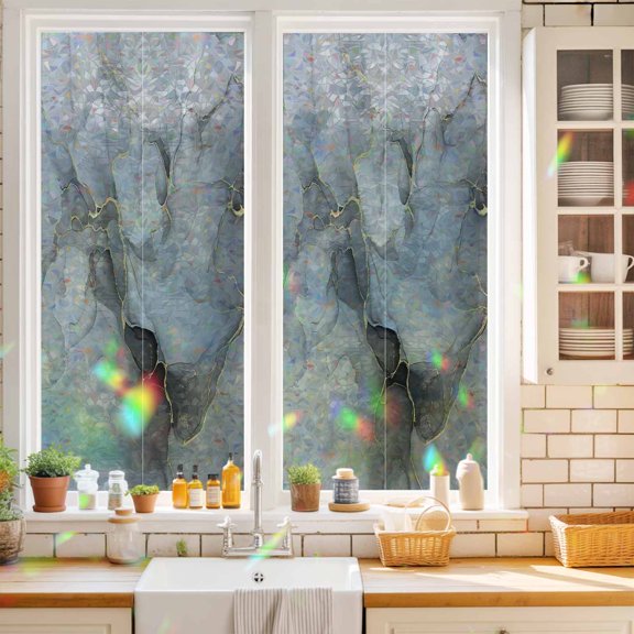 Privacy Window Film, Grey Ombre Marble Static Cling Stained Glass Window Film, UV Sun Blocking Heat Control Stickers, Non-Adhesive Laser Windows Tint 17.7"x39.3" Gray Marble Crack Abstract Modern