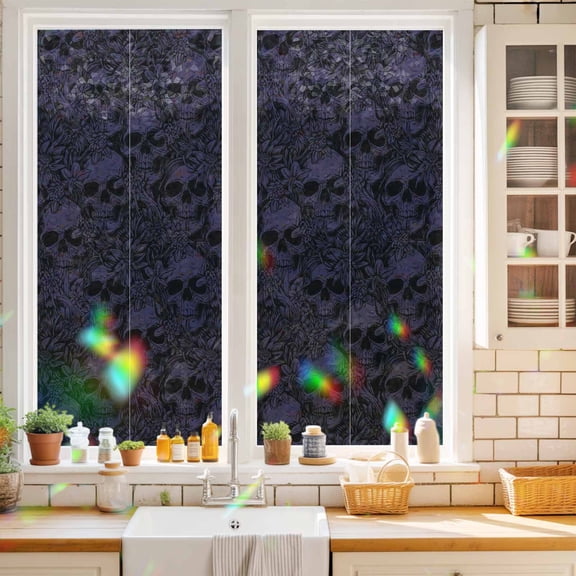 Privacy Window Film, Halloween Static Cling Stained Glass Window Film, UV Sun Blocking Heat Control Stickers, Non-Adhesive Laser Windows Tint 19.6"x39.3" Purple Skull Monochrome Watercolor