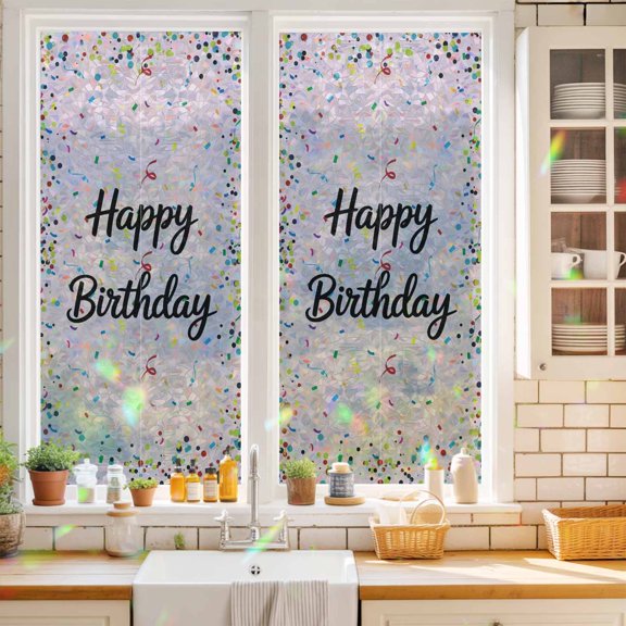Privacy Window Film, Happy Birthday Static Cling Stained Glass Window Film, UV Sun Blocking Heat Control Stickers, Non-Adhesive Laser Windows Tint 17.7"x39.3" Pink Modern Abstract Art