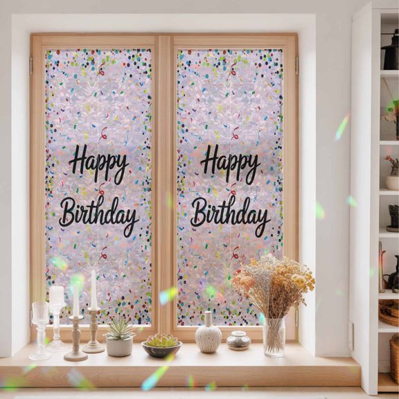 Privacy Window Film, Happy Birthday Static Cling Stained Glass Window Film, UV Sun Blocking Heat Control Stickers, Non-Adhesive Laser Windows Tint 29.5"x78.7" Pink Modern Abstract Art