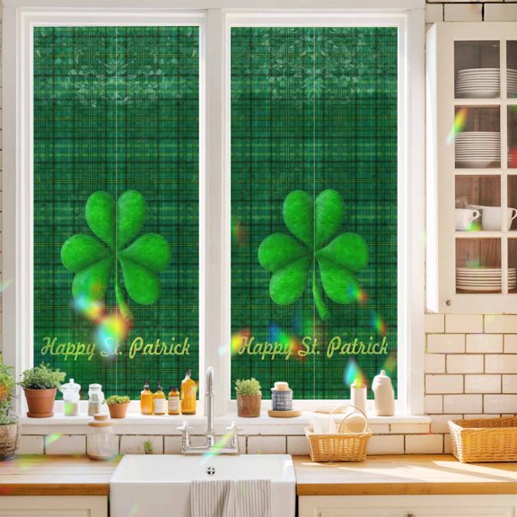 Privacy Window Film, Happy St. Patrick's Day Static Cling Stained Glass Window Film, UV Sun Blocking Stickers, Non-Adhesive Laser Windows Tint 19.6"x39.3" Green Lucky Shamrock Grass Plaid