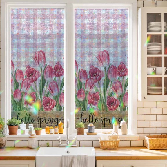 Privacy Window Film, Hello Spring Static Cling Stained Glass Window Film, UV Sun Blocking Stickers, Non-Adhesive Laser Windows Tint 17.7"x39.3" Pink Tulip Flowers Farmhouse Buffalo Plaid Wooden