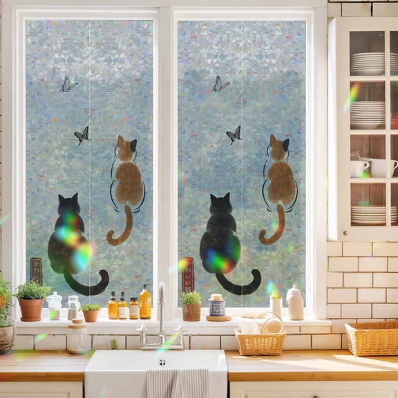 Privacy Window Film, Japanese Cute Cat Static Cling Stained Glass Window Film, UV Sun Blocking Heat Control Stickers, Non-Adhesive Laser Windows Tint 17.7"x39.3" Harmony Cartoon Kitty Butterfly