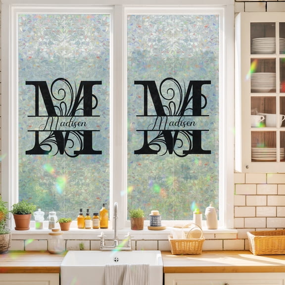 Privacy Window Film, Letter M Static Cling Stained Glass Window Film, UV Sun Blocking Heat Control Stickers, Non-Adhesive Laser Windows Tint 17.7"x39.3" Monogram Words