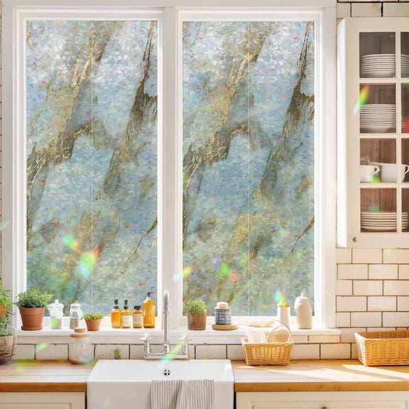 Privacy Window Film, Marble Gold Static Cling Stained Glass Window Film, UV Sun Blocking Heat Control Stickers, Non-Adhesive Laser Windows Tint 17.7"x39.3" Abstract Luxury Wave Gold Marbling Modern