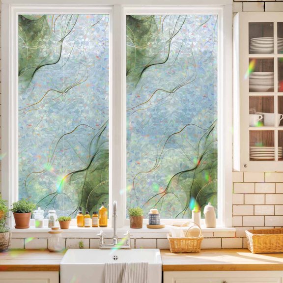 Privacy Window Film, Marble Sage Green Static Cling Stained Glass Window Film, UV Sun Blocking Heat Control Stickers, Non-Adhesive Laser Windows Tint 17.7"x39.3" Gold White Modern Gradient Ocean Wavy