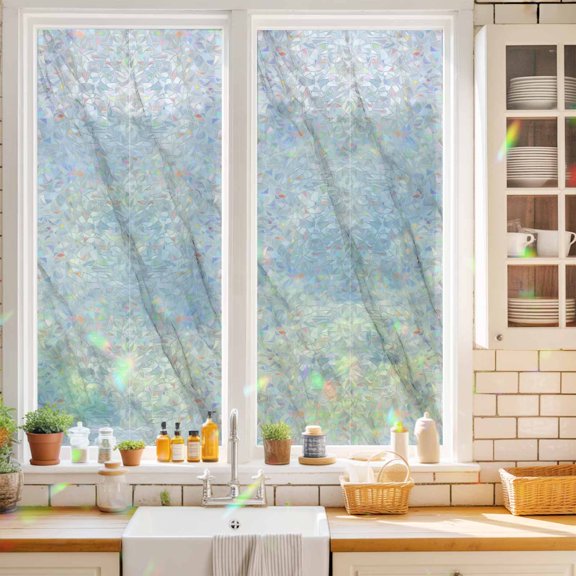 Privacy Window Film, Marble Static Cling Stained Glass Window Film, UV Sun Blocking Heat Control Stickers, Non-Adhesive Laser Windows Tint 17.7"x39.3" Modern Grey White Rock Monochrome Simple