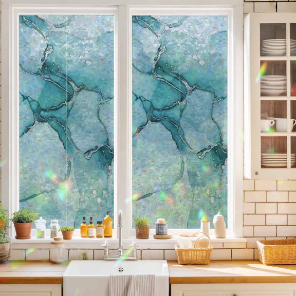 Privacy Window Film, Marble Turquoise Static Cling Stained Glass Window Film, UV Sun Blocking Heat Control Stickers, Non-Adhesive Laser Windows Tint 17.7"x39.3" Abstract Nature Cracks Silver Wavy