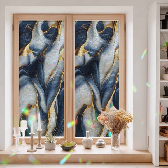 Privacy Window Film, Navy Blue Marble Static Cling Stained Glass Window Film, UV Sun Blocking Heat Control Stickers, Non-Adhesive Laser Windows Tint 29.5"x78.7" Gold Modern Art