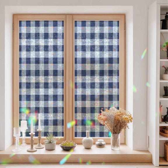 Privacy Window Film, Navy Blue White Plaid Static Cling Stained Glass Window Film, UV Sun Blocking Heat Control Stickers, Non-Adhesive Laser Windows Tint 23.6"x59" Farmhouse Checkered Buffalo
