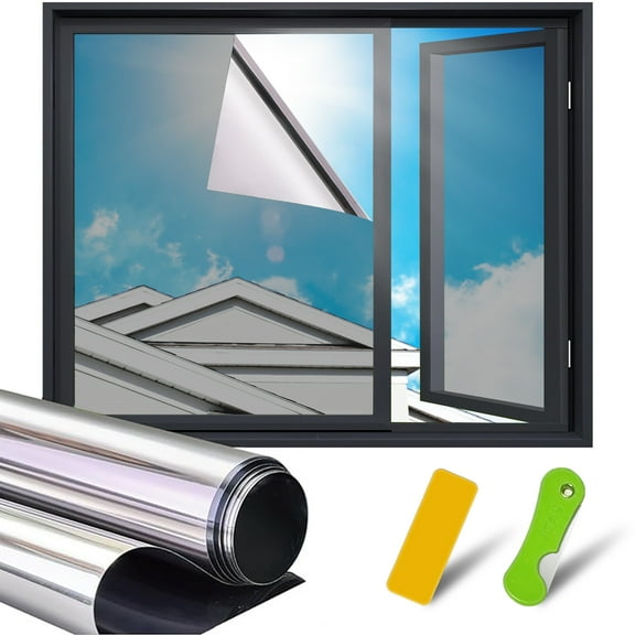 Privacy Window Film One Way to See out but Not in,Mirror Glass Tint Heat Control Sun UV Blocking Sliding Door Tinting Reflective Static Cling for Home and Office(Sliver,35.5" x 157.5")
