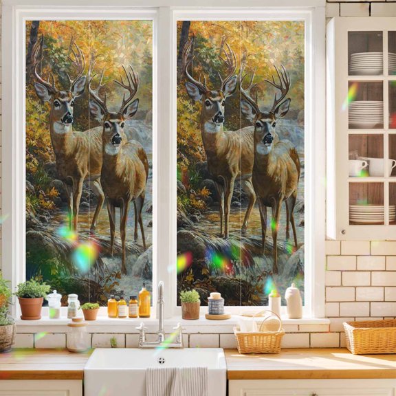 Privacy Window Film, Orange Autumn Deer Static Cling Stained Glass Window Film, UV Sun Blocking Heat Control Stickers, Non-Adhesive Laser Windows Tint 17.7"x39.3" Vintage Forest River