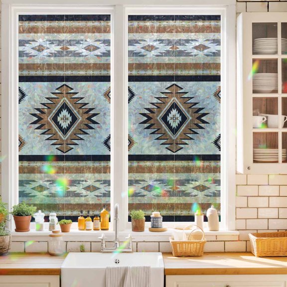 Privacy Window Film, Orange Boho Static Cling Stained Glass Window Film, UV Sun Blocking Heat Control Stickers, Non-Adhesive Laser Windows Tint 17.7"x39.3" Southwestern Ethnic Aztec Retro Geometric