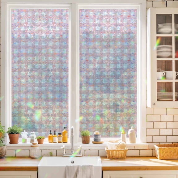 Privacy Window Film, Pink Buffalo Plaid Static Cling Stained Glass Window Film, UV Sun Blocking Heat Control Stickers, Non-Adhesive Laser Windows Tint 17.7"x39.3" Farmhouse Pink White Checkered