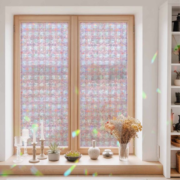 Privacy Window Film, Pink Buffalo Plaid Static Cling Stained Glass Window Film, UV Sun Blocking Heat Control Stickers, Non-Adhesive Laser Windows Tint 23.6"x59" Farmhouse Pink White Checkered