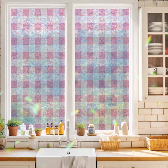 Privacy Window Film, Pink Checkered Static Cling Stained Glass Window Film, UV Sun Blocking Heat Control Stickers, Non-Adhesive Laser Windows Tint 17.7"x39.3" Pink White Buffalo Plaid