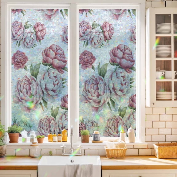 Privacy Window Film, Pink Floral Static Cling Stained Glass Window Film, UV Sun Blocking Heat Control Stickers, Non-Adhesive Laser Windows Tint 19.6"x39.3" Spring Summer Modern Flower Leaf