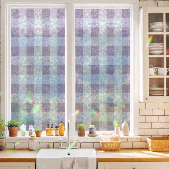 Privacy Window Film, Pink Plaid Static Cling Stained Glass Window Film, UV Sun Blocking Heat Control Stickers, Non-Adhesive Laser Windows Tint 17.7"x39.3" Spring Summer Farmhouse Buffalo Checkered