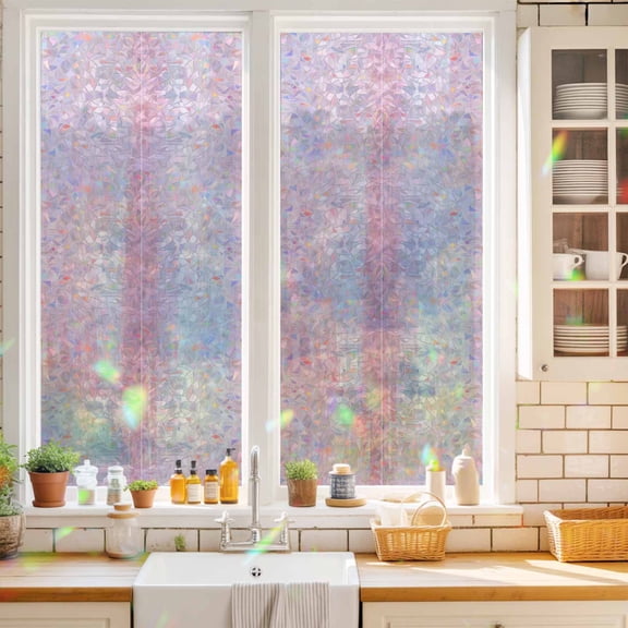 Privacy Window Film, Pink Static Cling Stained Glass Window Film, UV Sun Blocking Heat Control Stickers, Non-Adhesive Laser Windows Tint 17.7"x39.3" Retro Oil Painting Modern Abstract Art Aesthetics