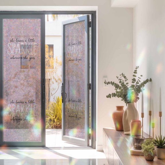 Privacy Window Film, Pink Static Cling Stained Glass Window Film, UV Sun Blocking Heat Control Stickers, Non-Adhesive Laser Windows Tint 17.7"x78.7" She Leaves A Little SPARKLE Wherever She Goes