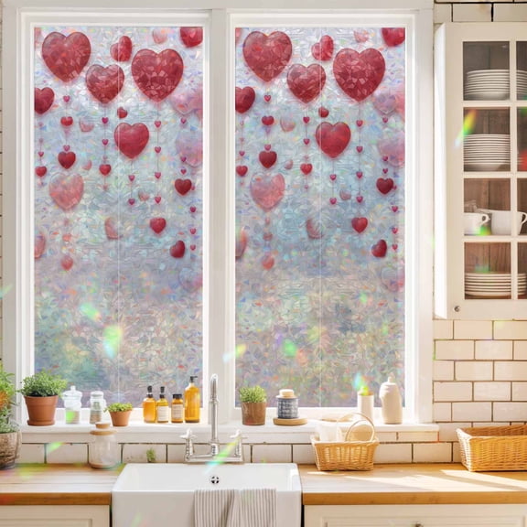 Privacy Window Film, Pink Valentine's Day Static Cling Stained Glass Window Film, UV Sun Blocking Heat Control Stickers, Non-Adhesive Laser Windows Tint 17.7"x39.3" Romantic Love Heart