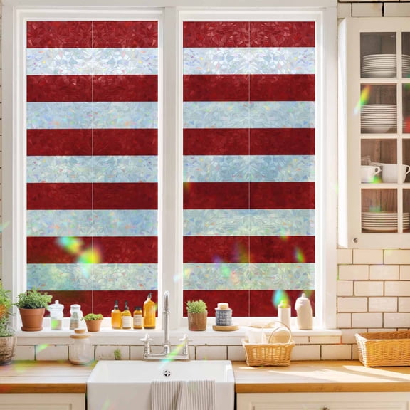 Privacy Window Film, Red Stripes Static Cling Stained Glass Window Film, UV Sun Blocking Heat Control Stickers, Non-Adhesive Laser Windows Tint 17.7"x39.3" Simple Red White Texture