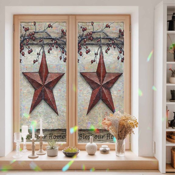 Privacy Window Film, Red Texas Star Rustic Static Cling Stained Glass Window Film, UV Sun Blocking Heat Control Stickers, Non-Adhesive Laser Windows Tint 23.6"x59" Country Star Berries Wooden