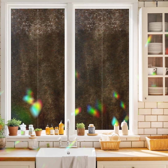 Privacy Window Film, Retro Wooden Board Static Cling Stained Glass Window Film, UV Sun Blocking Heat Control Stickers, Non-Adhesive Laser Windows Tint 17.7"x39.3" Western Country Farmhouse Brown Wood
