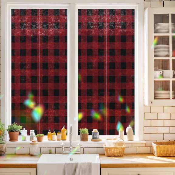 Privacy Window Film, Rustic Checkered Static Cling Stained Glass Window Film, UV Sun Blocking Heat Control Stickers, Non-Adhesive Laser Windows Tint 17.7"x39.3" Black Red Buffalo Plaid