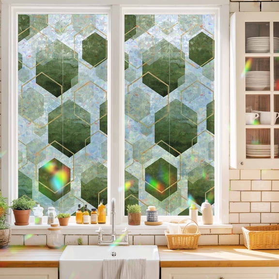 Privacy Window Film, Sage Green Marble Static Cling Stained Glass Window Film, UV Sun Blocking Heat Control Stickers, Non-Adhesive Laser Windows Tint 17.7"x39.3" Gold White Geometric Hexagon Modern