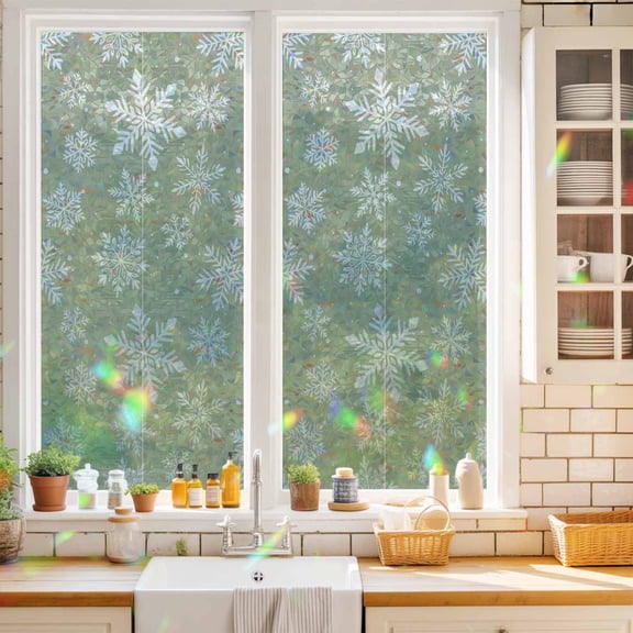 Privacy Window Film, Sage Green Snowflake Christmas Static Cling Stained Glass Window Film, UV Sun Blocking Heat Control Stickers, Non-Adhesive Laser Windows Tint 17.7"x39.3" Winter Xmas Snowflakes