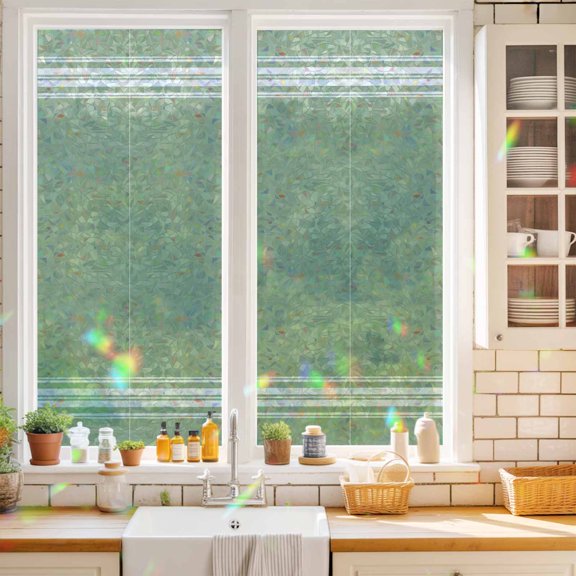 Privacy Window Film, Sage Green Static Cling Stained Glass Window Film, UV Sun Blocking Heat Control Stickers, Non-Adhesive Laser Windows Tint 17.7"x39.3" Farmhouse Sage Green White Striped