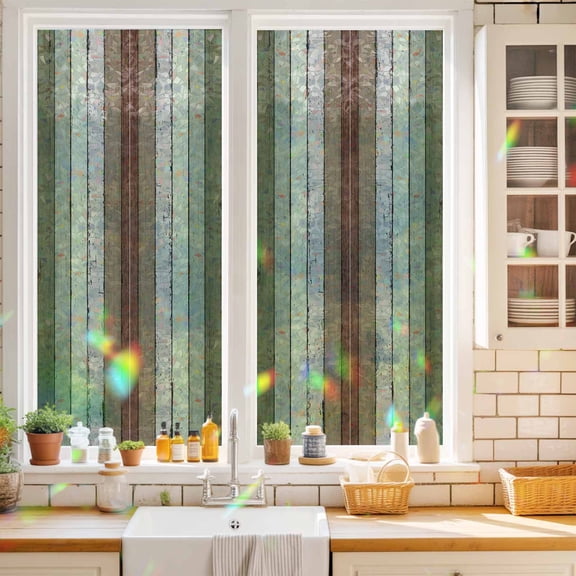 Privacy Window Film, Sage Green Static Cling Stained Glass Window Film, UV Sun Blocking Heat Control Stickers, Non-Adhesive Laser Windows Tint 17.7"x39.3" Farmhouse Wood Grain Vintage Brown Striped