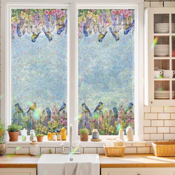 Privacy Window Film, Spring Floral Static Cling Stained Glass Window Film, UV Sun Blocking Heat Control Stickers, Non-Adhesive Laser Windows Tint 17.7"x39.3" Summer Birds Botanical Fence