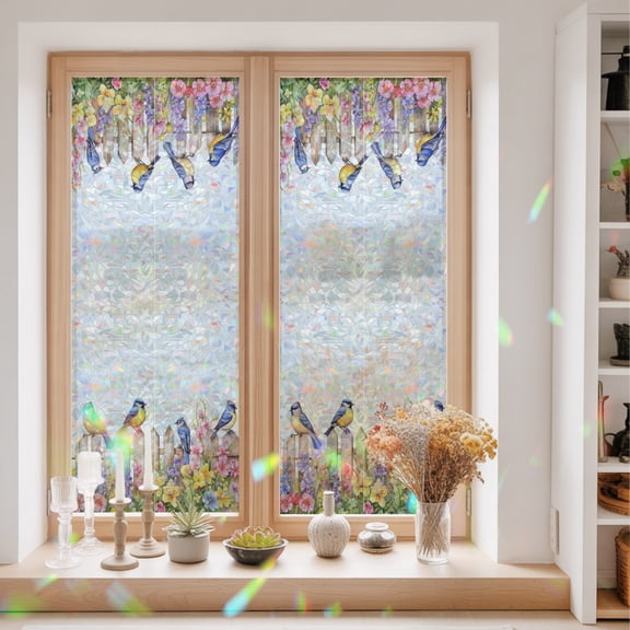 Privacy Window Film, Spring Floral Static Cling Stained Glass Window Film, UV Sun Blocking Heat Control Stickers, Non-Adhesive Laser Windows Tint 29.5"x78.7" Summer Birds Botanical Fence