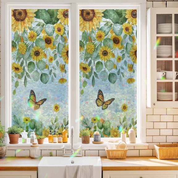 Privacy Window Film, Spring Sunflowers Static Cling Stained Glass Window Film, UV Sun Blocking Heat Control Stickers, Non-Adhesive Laser Windows Tint 17.7"x39.3" Eucalyptus Leaves Flowers Butterfly