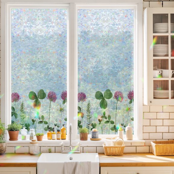 Privacy Window Film, St. Patrick's Day Static Cling Stained Glass Window Film, UV Sun Blocking Heat Control Stickers, Non-Adhesive Laser Windows Tint 17.7"x39.3" Green Lucky Shamrocks Floral Spring