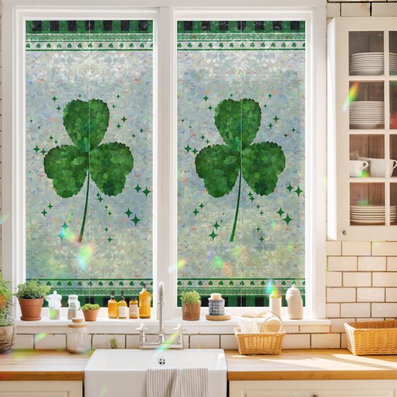 Privacy Window Film, St. Patrick's Day Static Cling Stained Glass Window Film, UV Sun Blocking Heat Control Stickers, Non-Adhesive Laser Windows Tint 17.7"x39.3" Green Shamrock Plaid Beige Spring