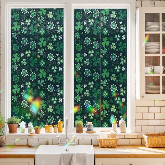 Privacy Window Film, St. Patrick's Day Static Cling Stained Glass Window Film, UV Sun Blocking Stickers, Non-Adhesive Laser Windows Tint 19.6"x39.3" Shiny Shamrocks Green Botanical Leaves