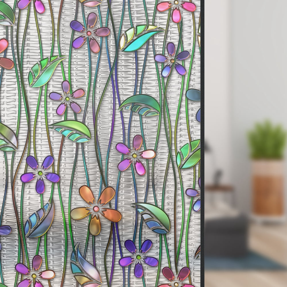 Stained Glass Window Film – Flower Vines Design, 17.7x39.3 Inches, Static Cling, Privacy & Sun Blocking