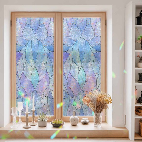 Privacy Window Film, Stained Glass Static Cling Stained Glass Window Film, UV Sun Blocking Heat Control Stickers, Non-Adhesive Laser Windows Tint 29.5"x78.7" Blue Purple Floral Geometric