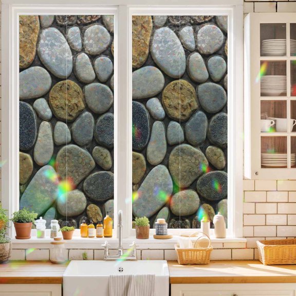 Privacy Window Film, Stones Static Cling Stained Glass Window Film, UV Sun Blocking Heat Control Stickers, Non-Adhesive Laser Windows Tint 17.7"x39.3" Gravel Rock Cobblestone Natural Pattern Art