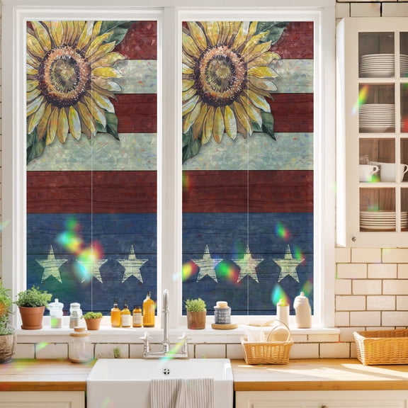 Privacy Window Film, Sunflower America Flag Static Cling Stained Glass Window Film, UV Sun Blocking Heat Control Stickers, Non-Adhesive Laser Windows Tint 17.7"x39.3" Farmhouse Retro US Flag
