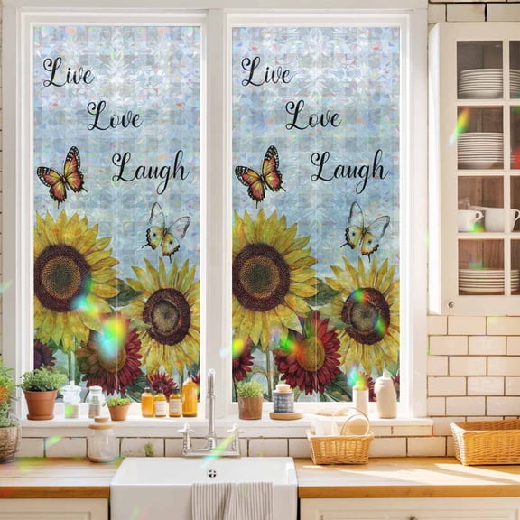Privacy Window Film, Sunflower Gray Check Static Cling Stained Glass Window Film, UV Sun Blocking Heat Control Stickers, Non-Adhesive Laser Windows Tint 17.7"x39.3" Farmhouse Flowers Butterfly