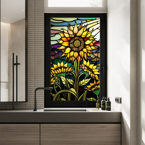 Privacy Window Film, Sunflower Stained Glass Window Film, Stained Glass Window Clings Removable Decorative Static Cling
