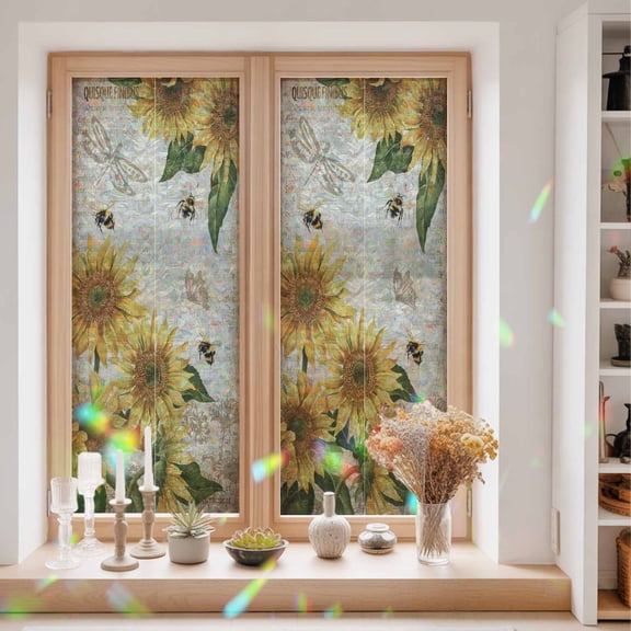 Privacy Window Film, Sunflowers Static Cling Stained Glass Window Film, UV Sun Blocking Heat Control Stickers, Non-Adhesive Laser Windows Tint 29.5"x78.7" Vintage Yellow Floral Farm Butterfly