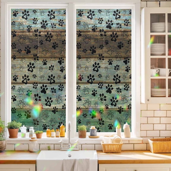 Privacy Window Film, Teal Brown Static Cling Stained Glass Window Film, UV Sun Blocking Stickers, Non-Adhesive Laser Windows Tint 17.7"x39.3" Pet Paw Printed Farmhouse Dog Claws Wood Grain