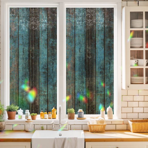 Privacy Window Film, Teal Wood Grain Static Cling Stained Glass Window Film, UV Sun Blocking Heat Control Stickers, Non-Adhesive Laser Windows Tint 17.7"x39.3" Gradient Farm Old Wooden Board Vintage
