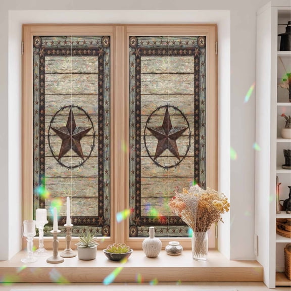 Privacy Window Film, Texas Star Brown Static Cling Stained Glass Window Film, UV Sun Blocking Heat Control Stickers, Non-Adhesive Laser Windows Tint 29.5"x78.7" Country Star Rustic Vintage Wooden